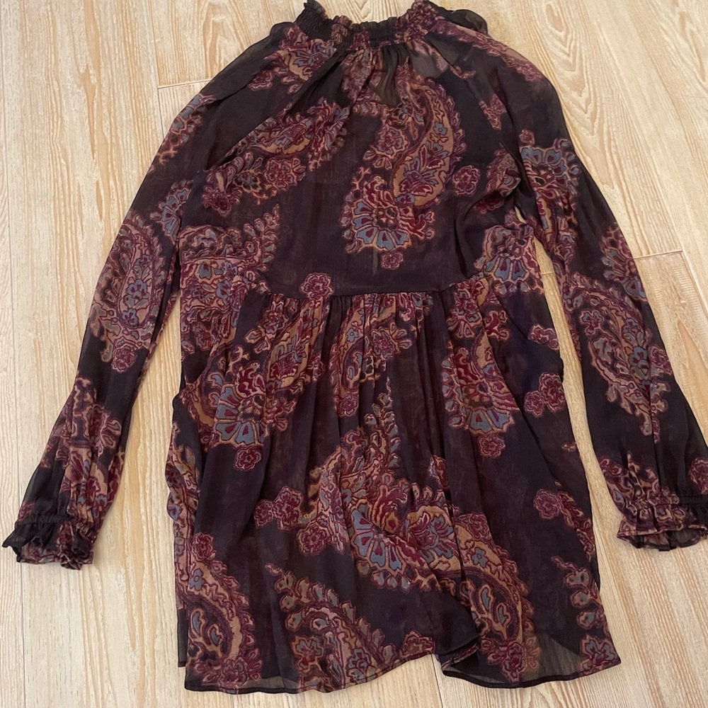 Free People Burgundy and Black Paisley Long Sleeve Dress